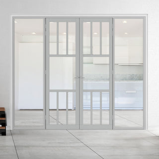 Image: Bespoke Room Divider - Eco-Urban® Queensland Door Pair DD6424C - Clear Glass with Full Glass Sides - Premium Primed - Colour & Size Options