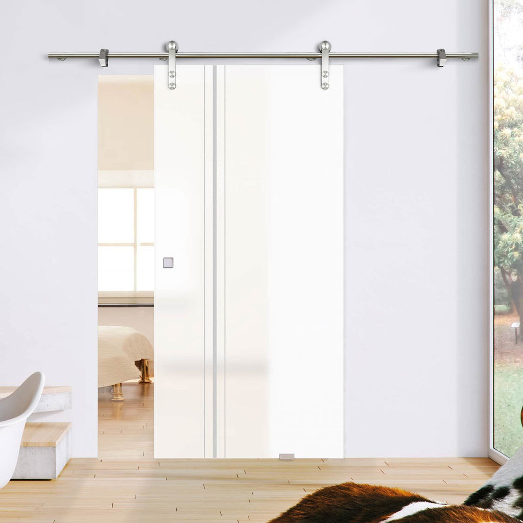 Single Glass Sliding Door - Solaris Tubular Stainless Steel Sliding Track & Ratho 8mm Obscure Glass - Obscure Printed Design