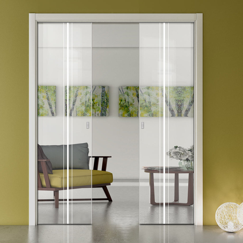 Ratho 8mm Clear Glass - Obscure Printed Design - Double Evokit Pocket Door