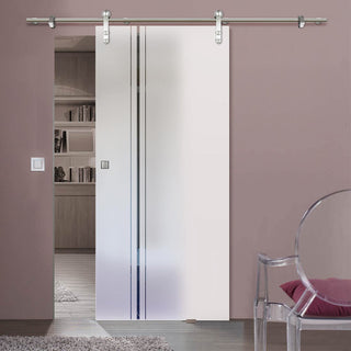 Image: Single Glass Sliding Door - Solaris Tubular Stainless Steel Sliding Track & Ratho 8mm Obscure Glass - Clear Printed Design