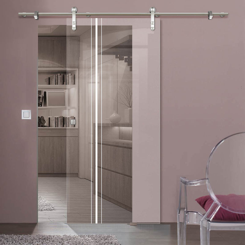 Single Glass Sliding Door - Solaris Tubular Stainless Steel Sliding Track & Ratho 8mm Clear Glass - Obscure Printed Design