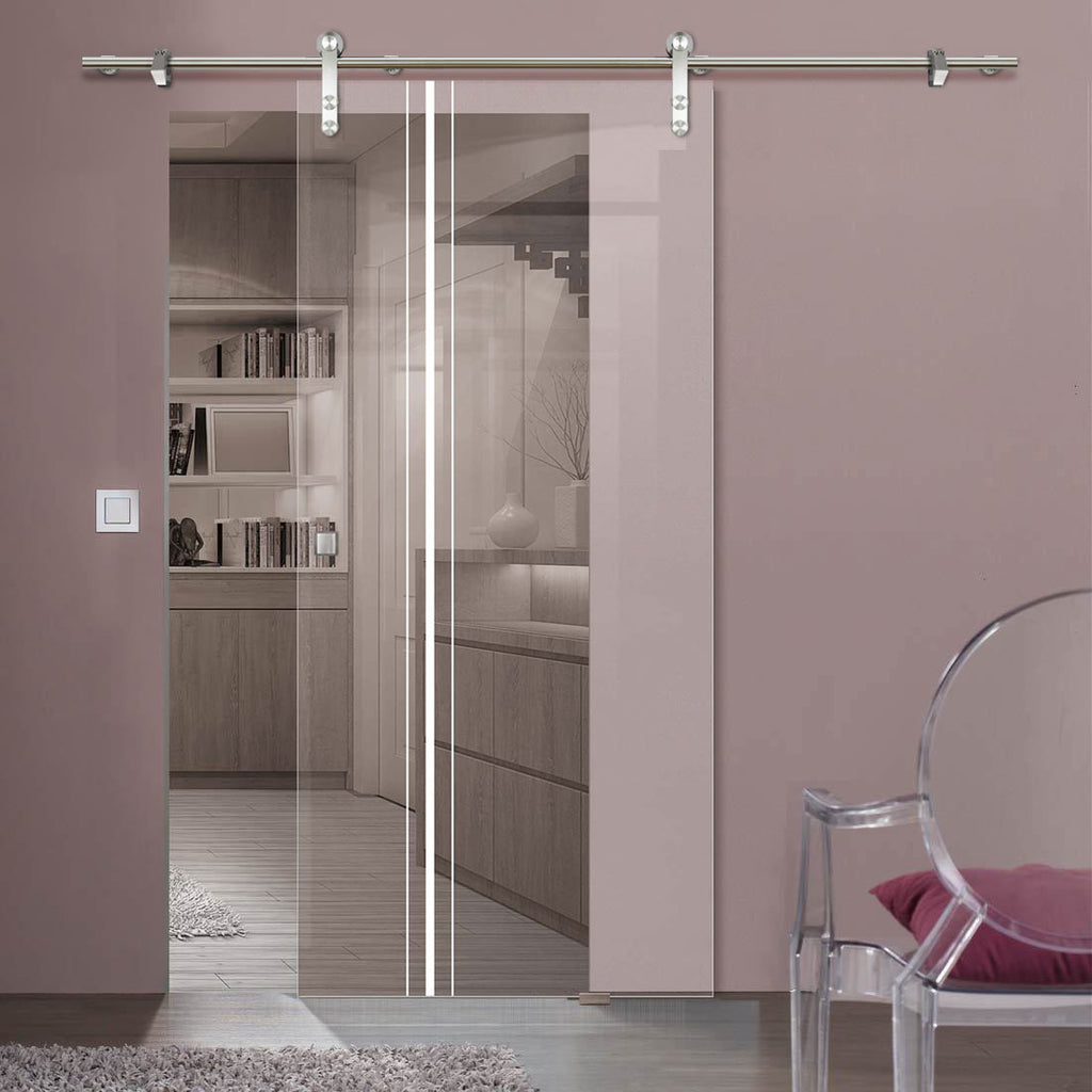Single Glass Sliding Door - Solaris Tubular Stainless Steel Sliding Track & Ratho 8mm Clear Glass - Obscure Printed Design