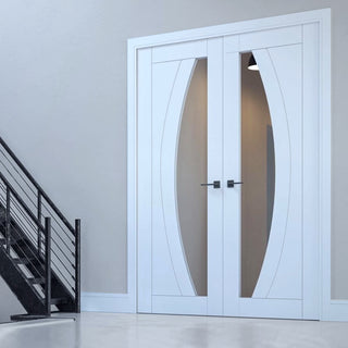 Image: Ravello White Primed Internal Door Pair - Clear Glass