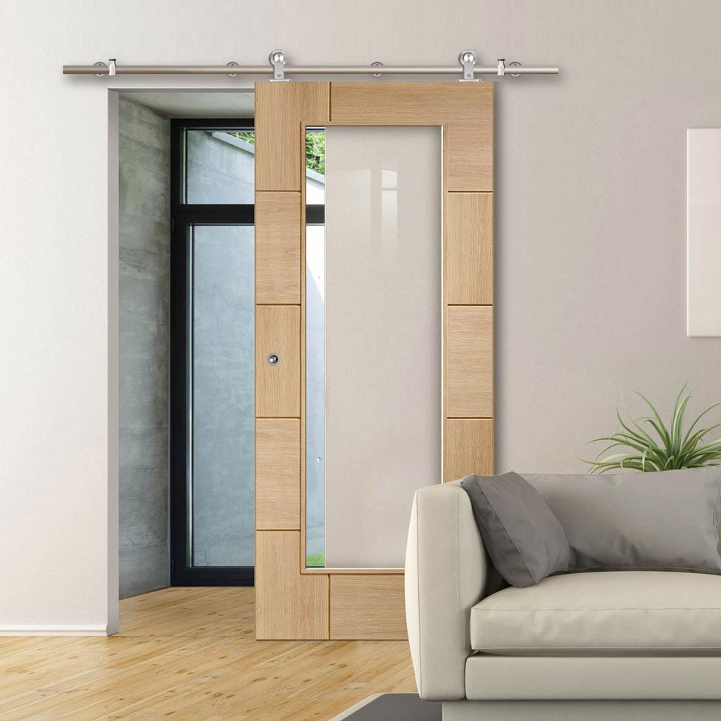 Sirius Tubular Stainless Steel Sliding Track & Ravenna Oak Door - Clear Glass - Unfinished