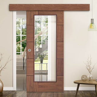 Image: Single Sliding Door & Wall Track - Ravenna Walnut Flush Door - Clear Glass - Prefinished