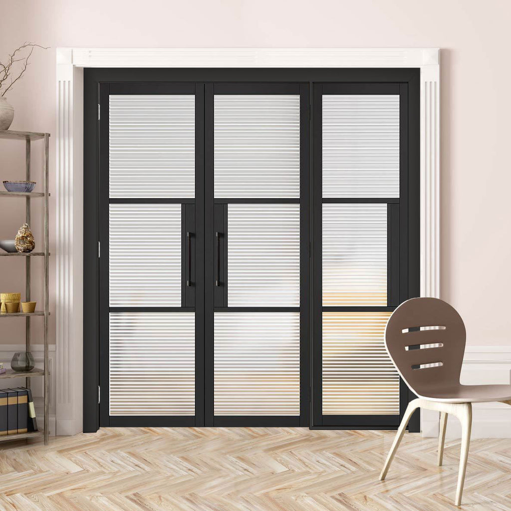 ThruEasi Room Divider - Tribeca 3 Pane Black Clear Reeded Glass Prefinished Double Doors with Single Side