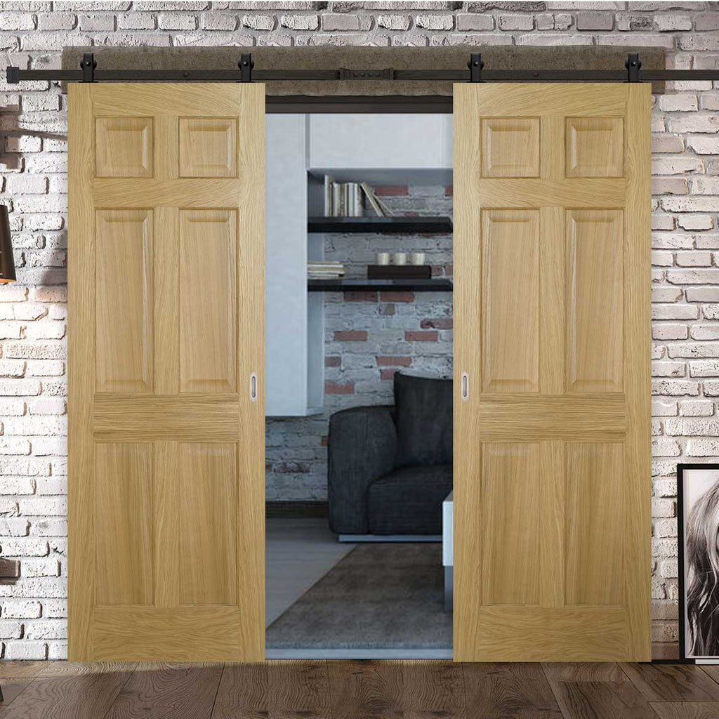 Top Mounted Black Sliding Track & Double Door - Regency 6 Panel Oak Doors - Prefinished