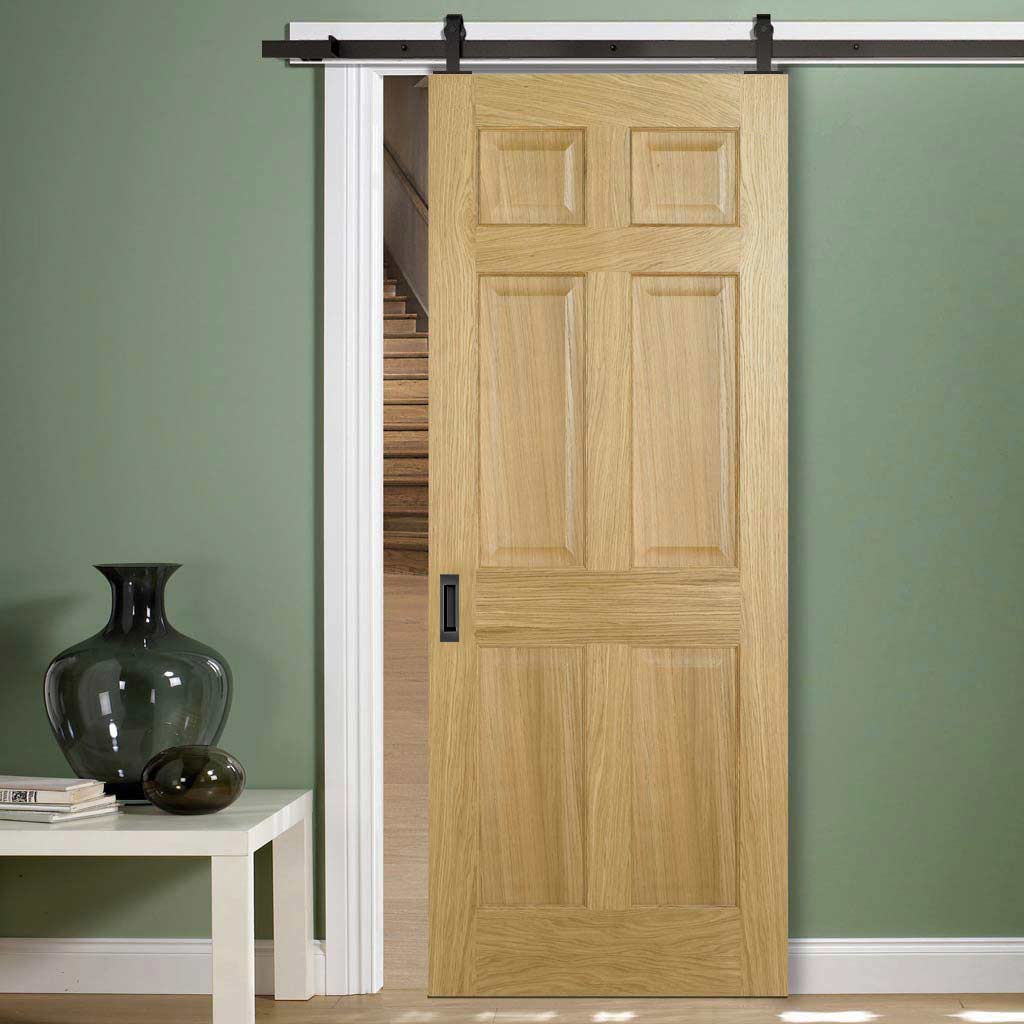 Top Mounted Black Sliding Track & Door - Regency 6 Panel Oak Door - Prefinished