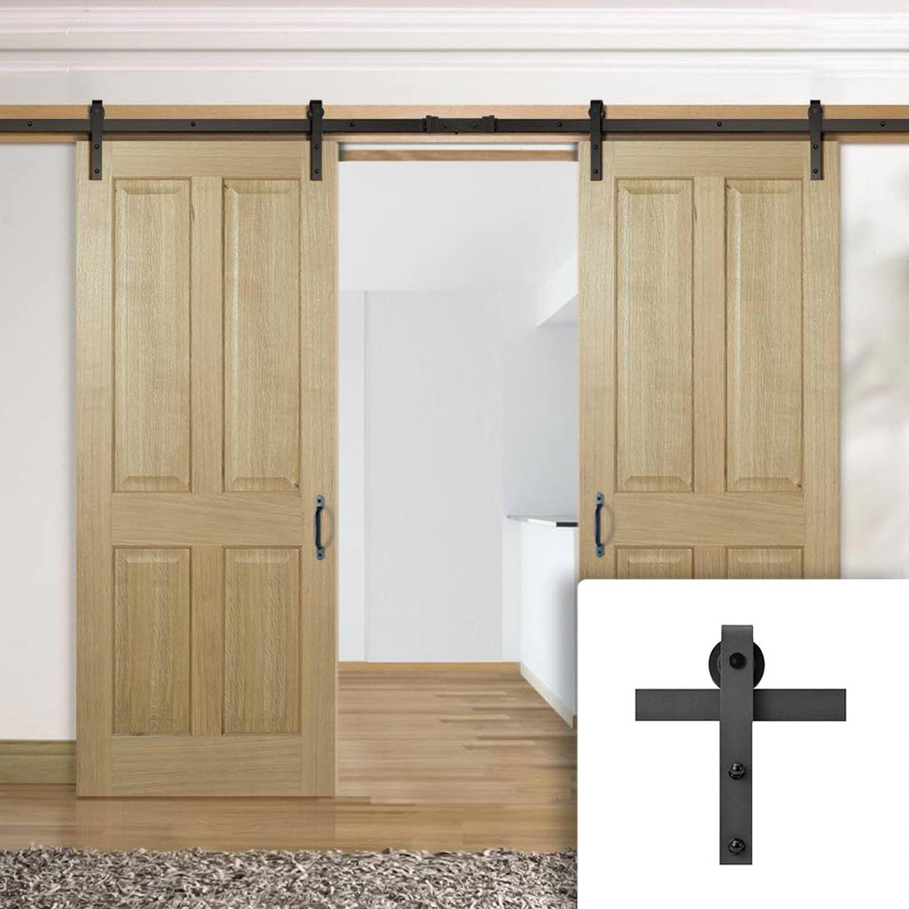 Double Sliding Door & Black Barn Track - Regency 4 Panel Oak Doors - Prefinished