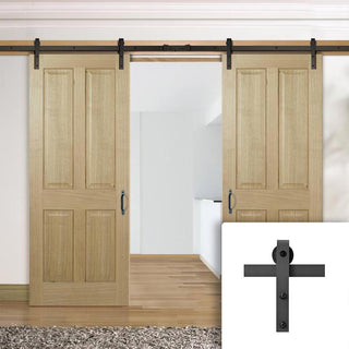 Image: Double Sliding Door & Black Barn Track - Regency 4 Panel Oak Doors - Prefinished