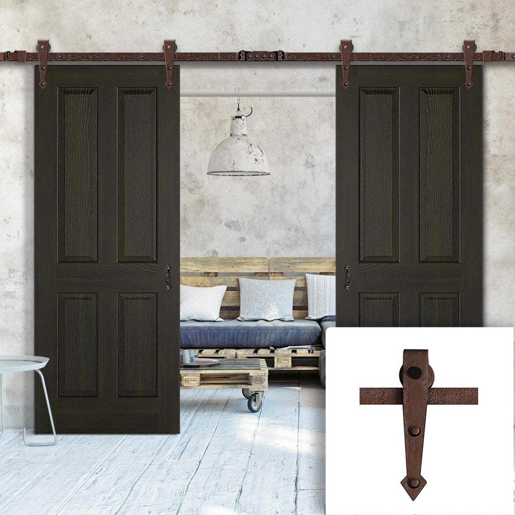 Double Sliding Door & Arrowhead Antique Rust Track - Regency 4 Panel Smoked Oak Door - Prefinished