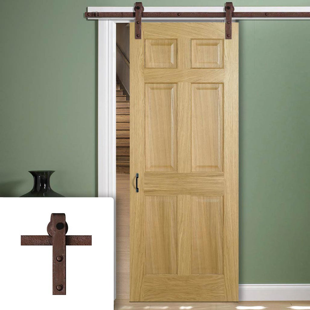 Single Sliding Door & Straight Antique Rust Track - Regency 6 Panel Oak Door - Prefinished