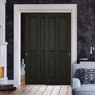 Image: Pass-Easi Two Sliding Doors and Frame Kit - Regency 4 Panel Smoked Oak Door - Prefinished