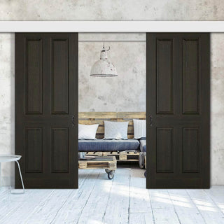 Image: Double Sliding Door & Wall Track - Regency 4 Panel Smoked Oak Door - Prefinished