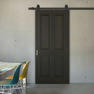 Image: Top Mounted Black Sliding Track & Door - Regency 4 Panel Smoked Oak Door - Prefinished