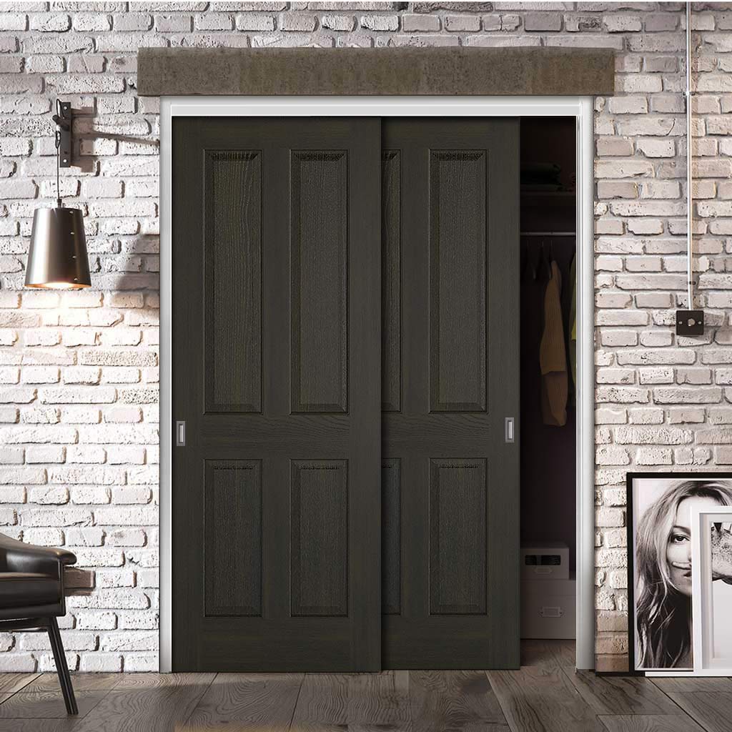 Two Sliding Maximal Wardrobe Doors & Frame Kit - Regency 4 Panel Smoked Oak Door - Prefinished