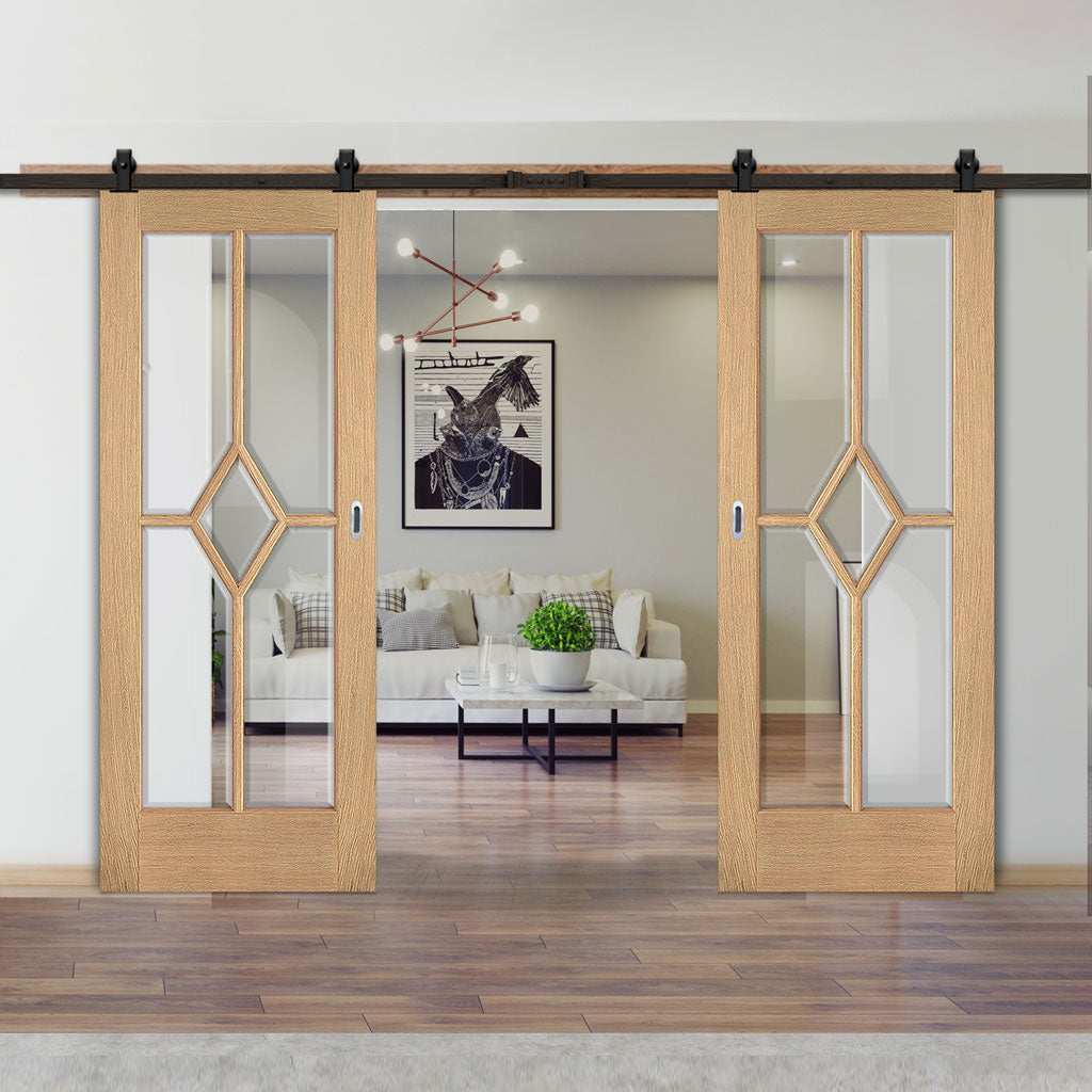 Top Mounted Black Sliding Track & Double Door - Reims Diamond 5 Panel Oak Doors- Clear Bevelled Glass - Prefinished