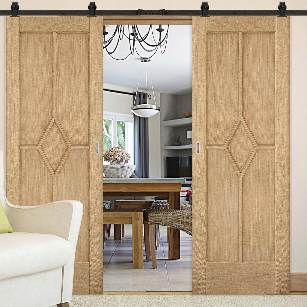 Top Mounted Black Sliding Track & Double Door - Reims Diamond 5 Panel Oak Doors - Prefinished