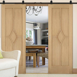 Image: Top Mounted Black Sliding Track & Double Door - Reims Diamond 5 Panel Oak Doors - Prefinished