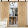 Top Mounted Black Sliding Track & Double Door - Reims Diamond 5 Panel Oak Doors - Prefinished