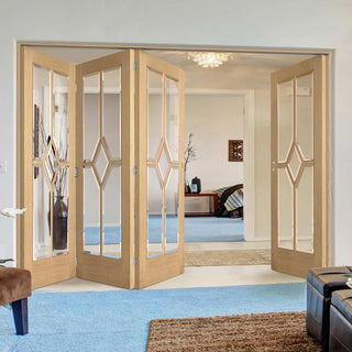 Image: Four Folding Doors & Frame Kit - Reims Diamond 5 Panel Oak 3+1 - Clear Bevelled Glass - Prefinished