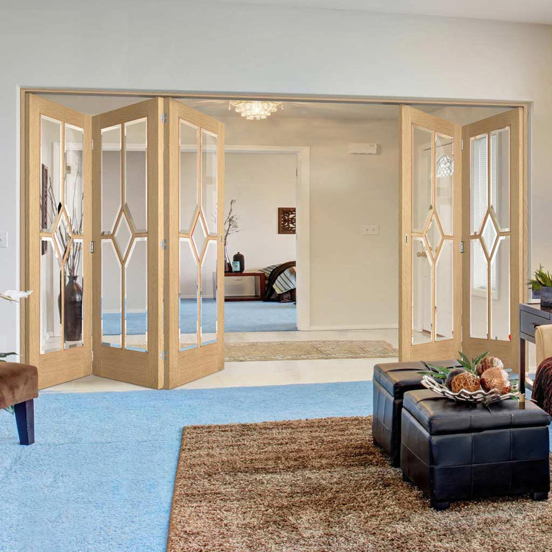 Five Folding Doors & Frame Kit - Reims Diamond 5 Panel Oak 3+2 - Clear Bevelled Glass - Prefinished