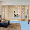 Five Folding Doors & Frame Kit - Reims Diamond 5 Panel Oak 3+2 - Clear Bevelled Glass - Prefinished