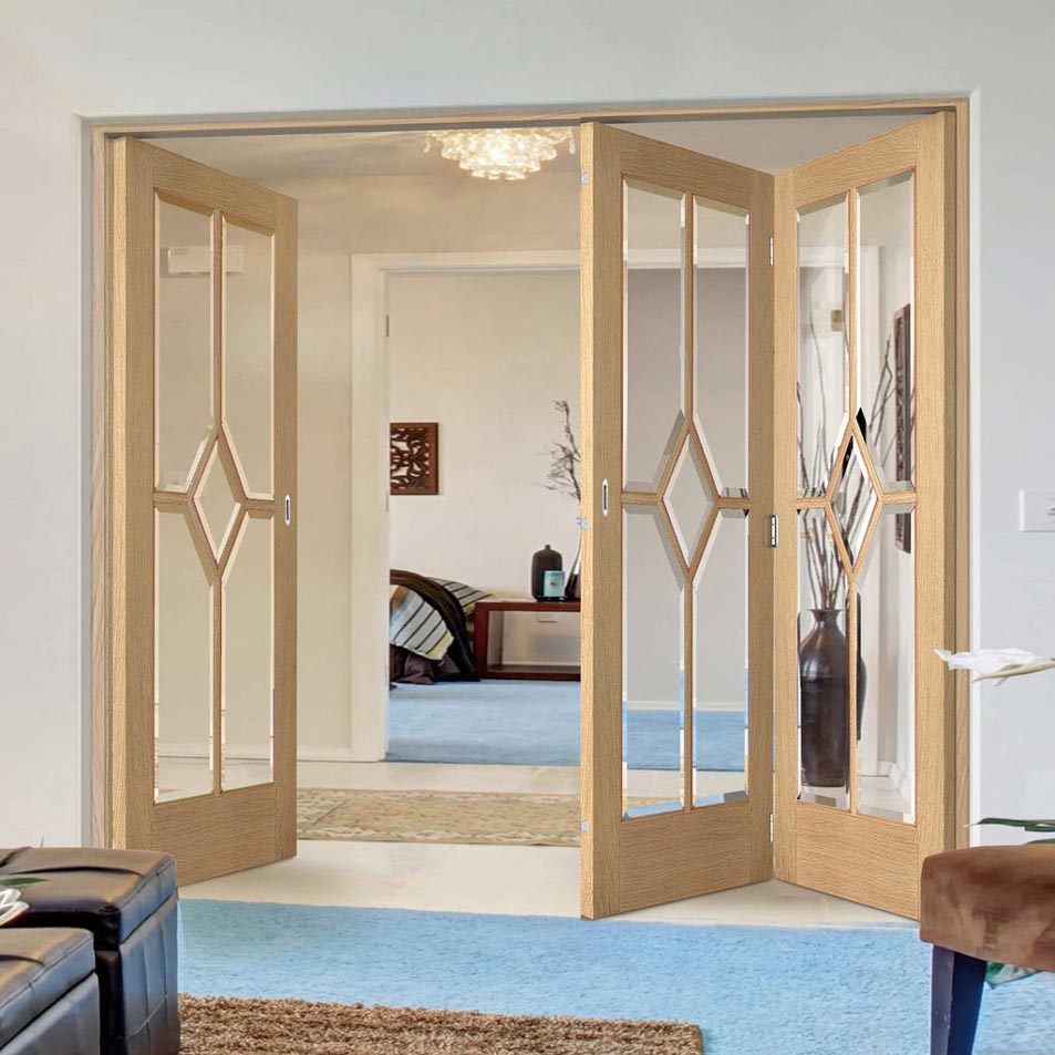 Three Folding Doors & Frame Kit - Reims Diamond 5 Panel Oak 2+1 - Clear Bevelled Glass - Prefinished