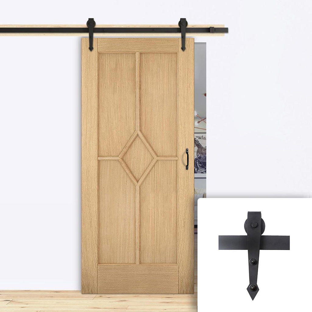 Single Sliding Door & Arrowhead Black Track - Reims Diamond 5 Panel Oak Door - Prefinished