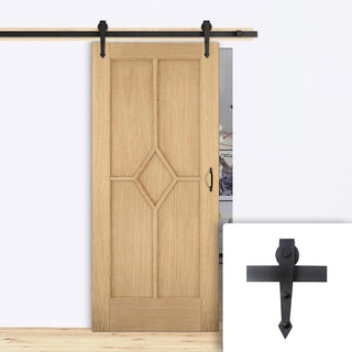 Image: Single Sliding Door & Arrowhead Black Track - Reims Diamond 5 Panel Oak Door - Prefinished