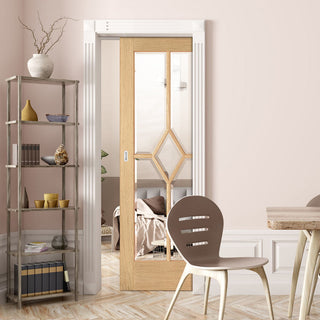 Image: Reims Diamond 5 Panel Oak Single Evokit Pocket Door- Clear Bevelled Glass - Prefinished