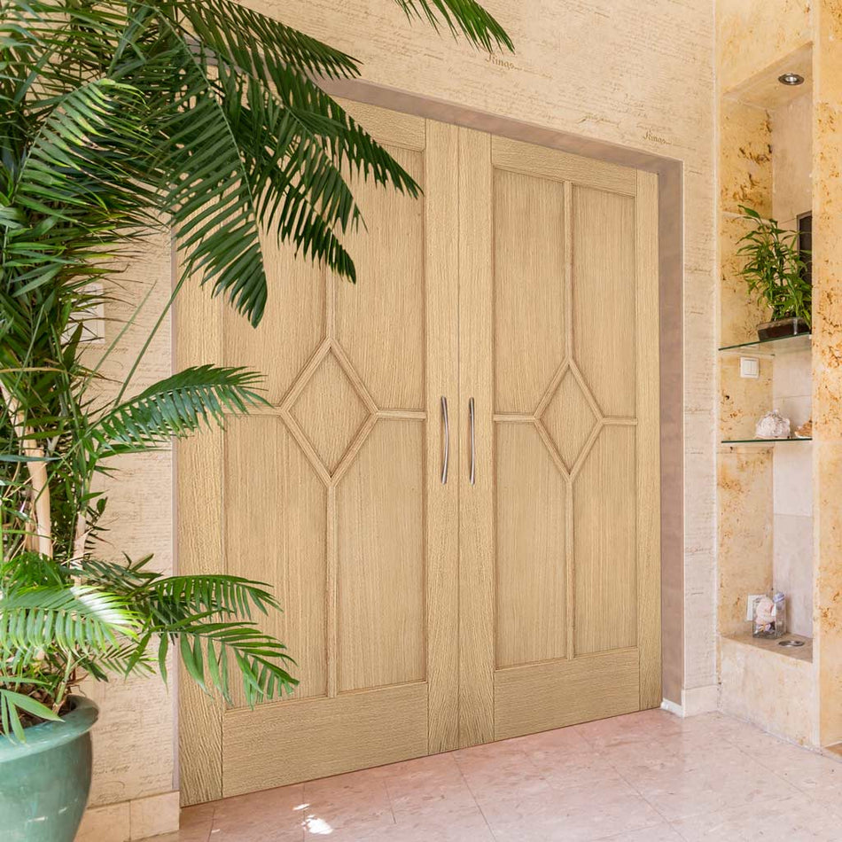 Reims Diamond 5 Panel Oak Internal Door Pair - 30 Minute Fire Rated - Prefinished