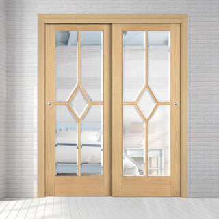 Image: Pass-Easi Two Sliding Doors and Frame Kit - Reims Diamond 5 Panel Oak Door- Clear Bevelled Glass - Prefinished