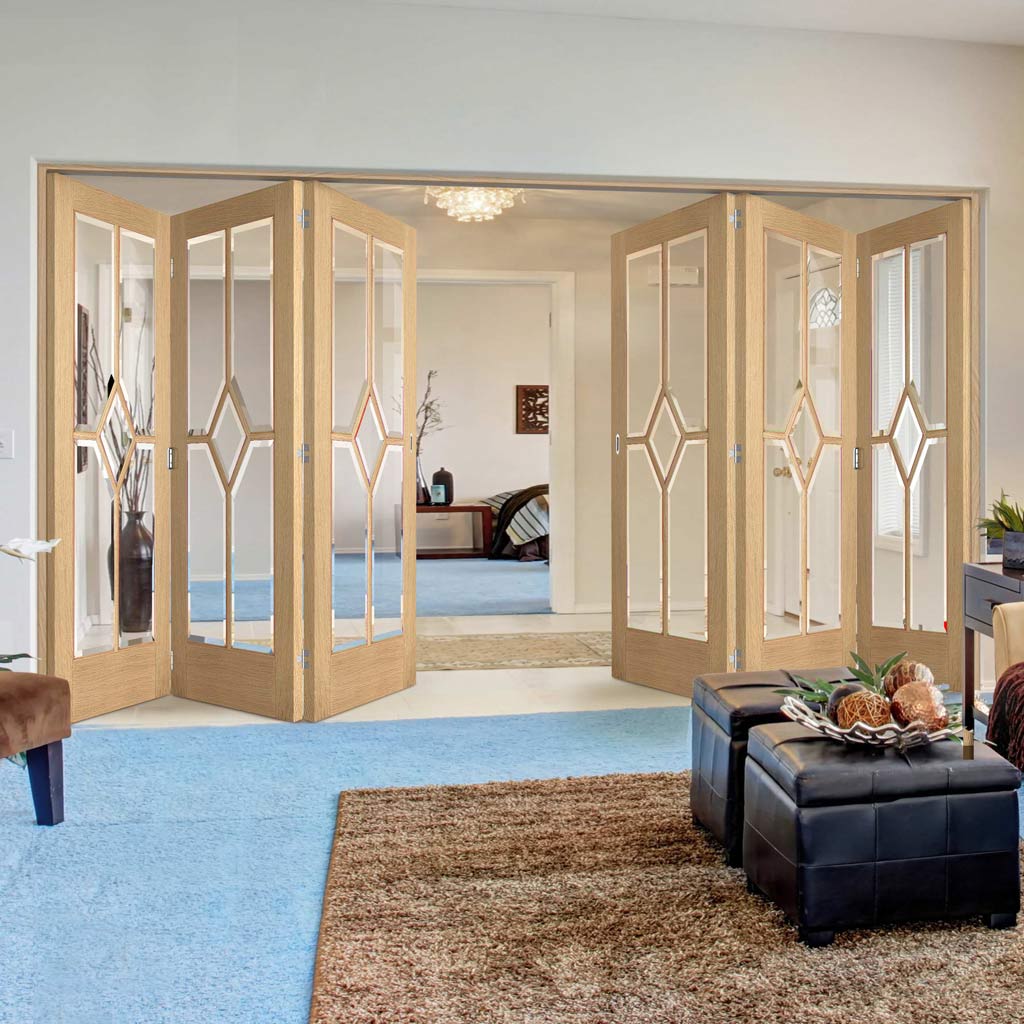 Six Folding Doors & Frame Kit - Reims Diamond 5 Panel Oak 3+3 - Clear Bevelled Glass - Prefinished