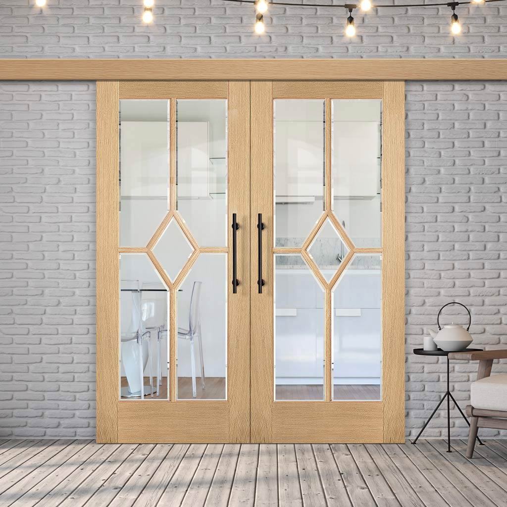 Double Sliding Door & Wall Track - Reims Diamond 5 Panel Oak Door- Clear Bevelled Glass - Prefinished