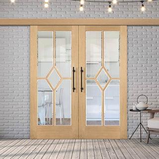 Image: Double Sliding Door & Wall Track - Reims Diamond 5 Panel Oak Door- Clear Bevelled Glass - Prefinished
