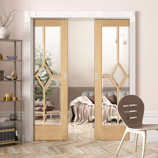 Image: Reims Diamond 5 Panel Oak Double Evokit Pocket Doors- Clear Bevelled Glass - Prefinished