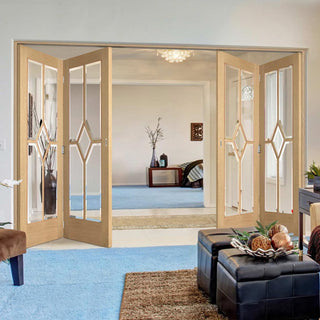 Image: Four Folding Doors & Frame Kit - Reims Diamond 5 Panel Oak 2+2 - Clear Bevelled Glass - Prefinished