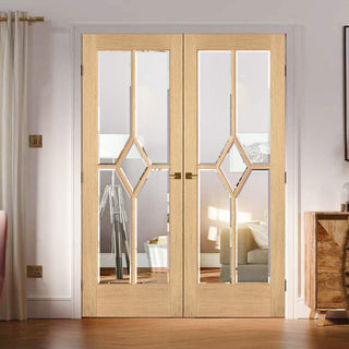 Image: Reims Diamond 5 Panel Oak Internal Door Pair - Clear Bevelled Glass - Prefinished