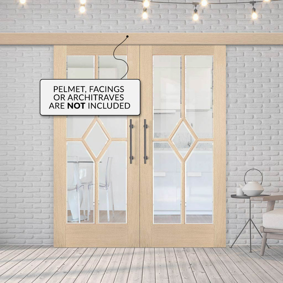 Double Sliding Door & Wall Track - Reims Diamond 5 Panel Oak Door- Clear Bevelled Glass - Prefinished