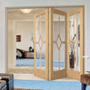Three Folding Doors & Frame Kit - Reims Diamond 5 Panel Oak 3+0 - Clear Bevelled Glass - Prefinished