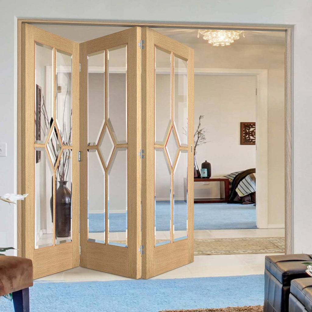 Three Folding Doors & Frame Kit - Reims Diamond 5 Panel Oak 3+0 - Clear Bevelled Glass - Prefinished