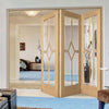 Three Folding Doors & Frame Kit - Reims Diamond 5 Panel Oak 3+0 - Clear Bevelled Glass - Prefinished