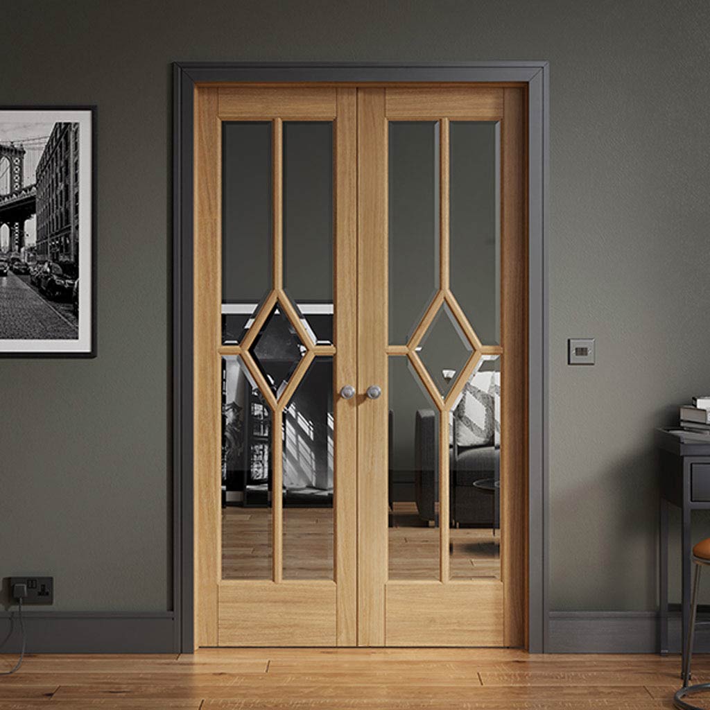 Reims Oak Internal Door Pair - Bevelled Clear Glass - Prefinished