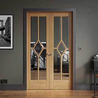 Image: Reims Oak Internal Door Pair - Bevelled Clear Glass - Prefinished