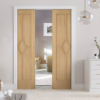 Image: Reims Diamond 5 Panel Oak Double Evokit Pocket Doors - Prefinished