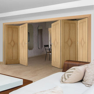 Image: Five Folding Doors & Frame Kit - Reims Diamond 5 Panel Oak 3+2 - Prefinished