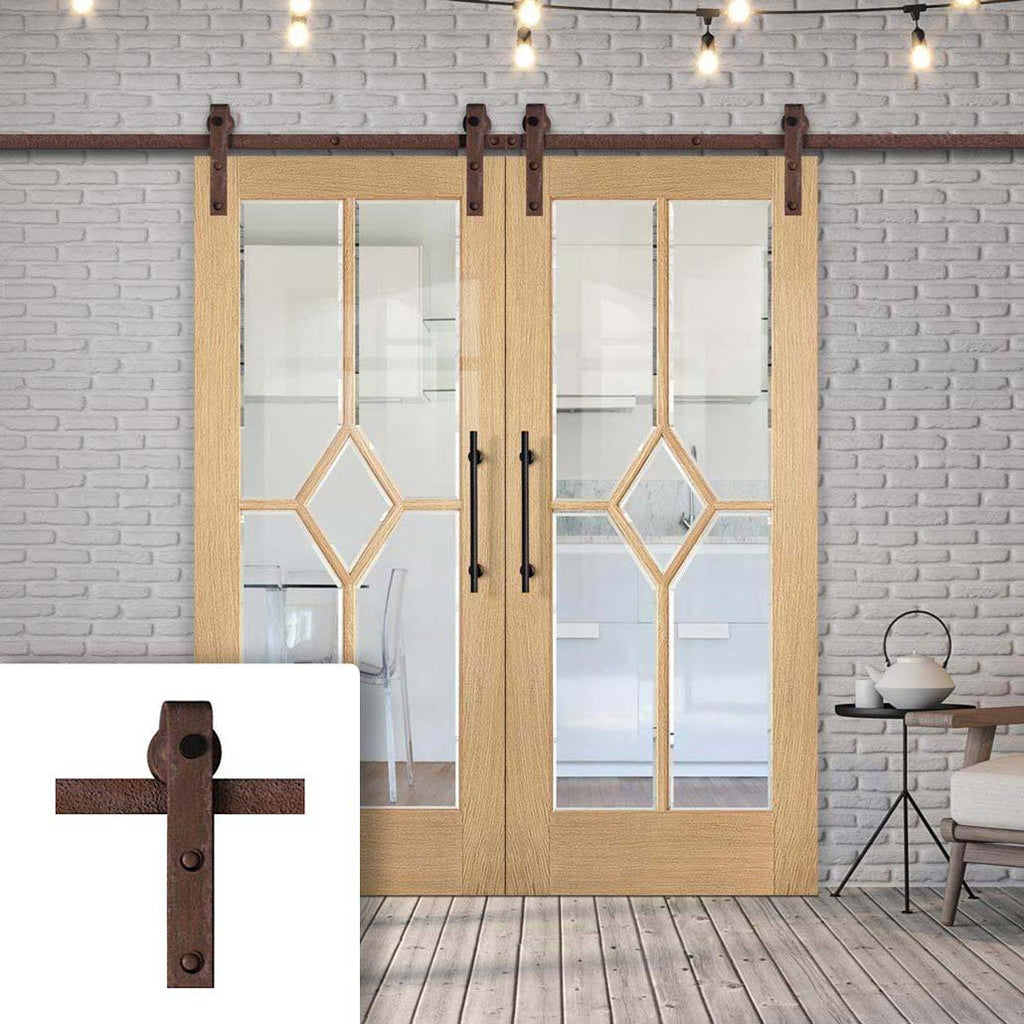 Double Sliding Door & Straight Antique Rust Track - Reims Diamond 5 Panel Oak Door- Clear Bevelled Glass - Prefinished