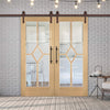 Double Sliding Door & Straight Antique Rust Track - Reims Diamond 5 Panel Oak Door- Clear Bevelled Glass - Prefinished