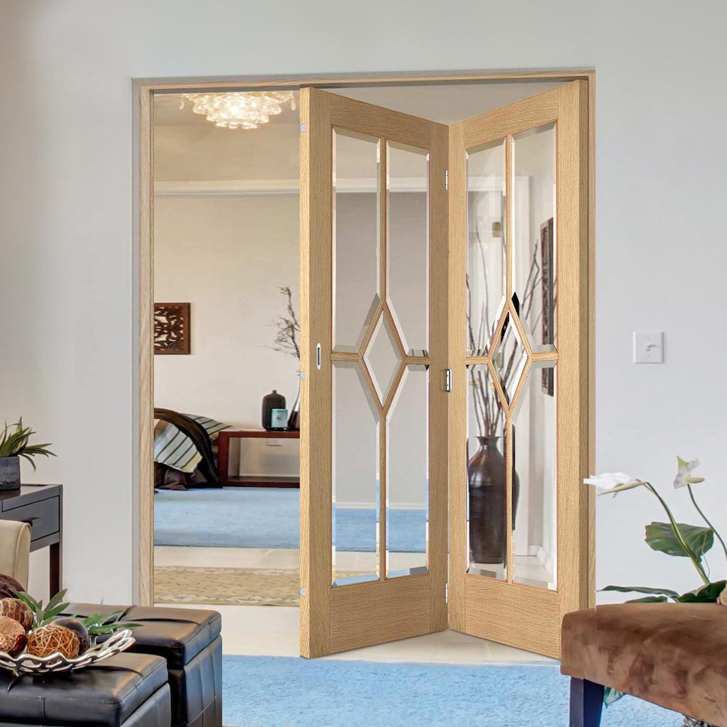 Two Folding Doors & Frame Kit - Reims Diamond 5 Panel Oak 2+0 - Clear Bevelled Glass - Prefinished